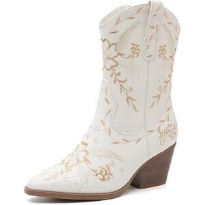 Anjoufemme Cowboy Boots Women White Polyurethane (PU) Embroidered  Mid-calf Boot